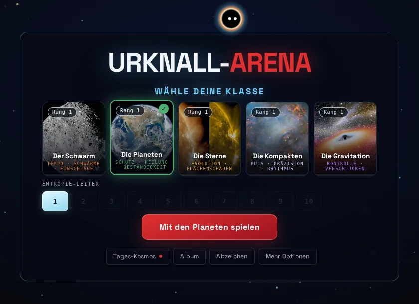 Klassenwahl der Urknall-Arena mit Schwarm, Planeten, Sternen, Kompakten und Gravitation