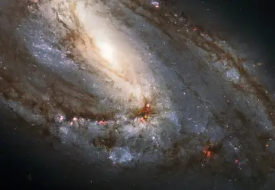 Hubble-Aufnahme der Spiralgalaxie M66 mit asymmetrischen Spiralarmen und scheinbar verschobenem Kern