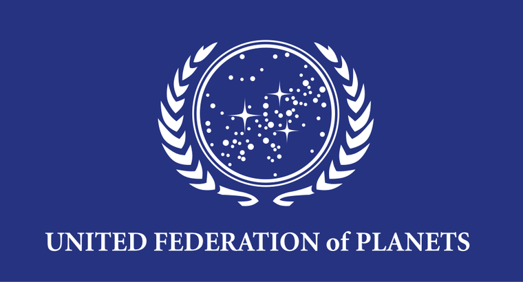 Flagge der Vereinigten Föderation der Planeten: blaues Feld mit Sternenkarte und Lorbeerkranz